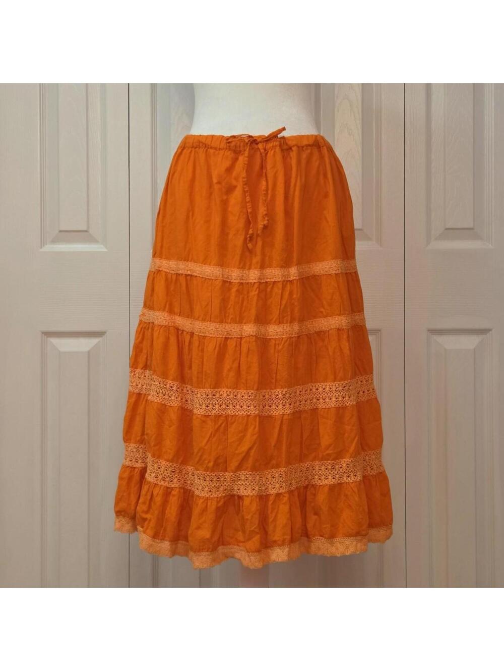 Vintage Y2K Orange Tiered Midi Skirt Provogue OS Summer Boho Peasant Lace Trim
